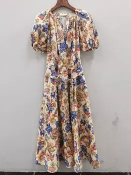 Женское Хлопковое платье с принтом, модное платье миди с коротким рукавом