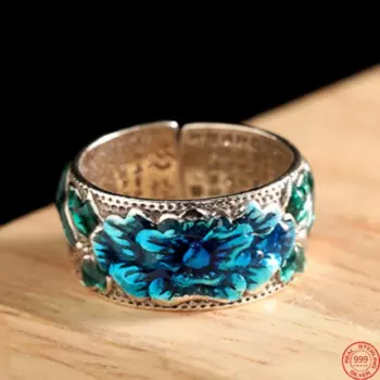 Женское и мужское кольцо из серебра S999 пробы с эмалью и розой