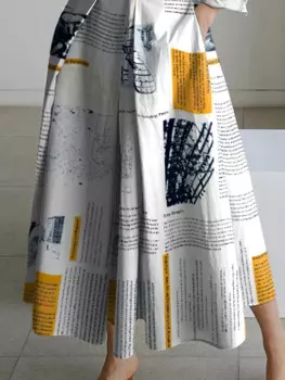 Женское индивидуальное ТРАПЕЦИЕВИДНОЕ ПЛАТЬЕ С Принтом газет, отложным воротником, новинка 2024, городское повседневное офисное платье миди с длинным рукавом