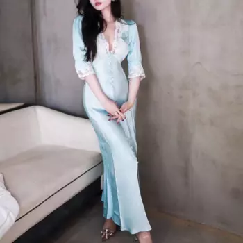 Женское Элегантное Длинное атласное платье с кружевной вышивкой и V-образным вырезом