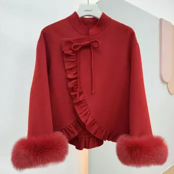 Женское кашемировое пальто с меховыми манжетами, шерстяная верхняя одежда из натурального Лисьего меха, роскошная куртка для зимы