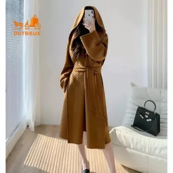 Женское кашемировое пальто, зимнее длинное двухстороннее шерстяное пальто с капюшоном, 100 шерсти