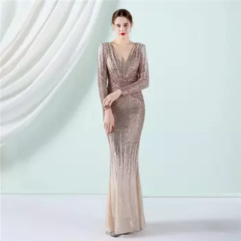 Женское коктейльное вечернее платье, черное, красное, Золотое элегантное блестящее платье до пола с длинным рукавом, роскошное высококачественное платье 2024