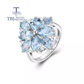 Женское кольцо из серебра 925 пробы, с натуральным голубым топазом