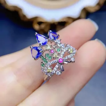 Женское кольцо из танзанита и диопсида, из серебра 925 пробы