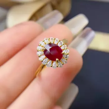 Женское кольцо с натуральным Рубином, серебро 925 пробы, 18 К