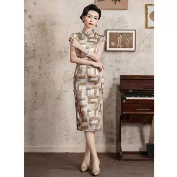 Женское Короткое платье из натурального шелка, Элегантное повседневное платье Чонсам в стиле ретро, лето 2024