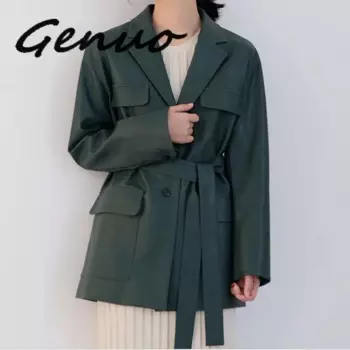 Женское кожаное пальто, с поясом, на весну, 2019