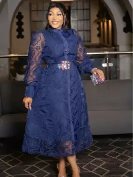 Женское кружевное элегантное платье с вырезом по подолу и воротником-стойкой Черное, синее, прозрачное трапециевидное вечернее клубное повседневное длинное платье с длинным рукавом