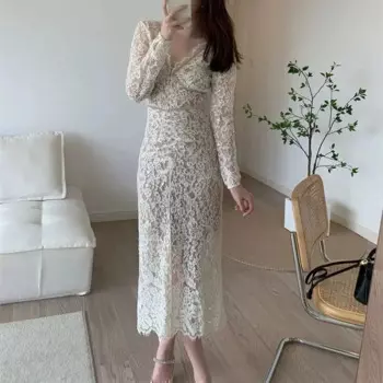 Женское кружевное длинное платье миди с V-образным вырезом и высокой талией