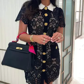 Женское кружевное мини-платье с вышивкой, металлическое бутоновое украшение, женское облегающее короткое ажурное платье с коротким рукавом