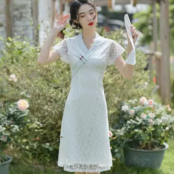 Женское кружевное платье-Ципао с V-образным вырезом и коротким рукавом
