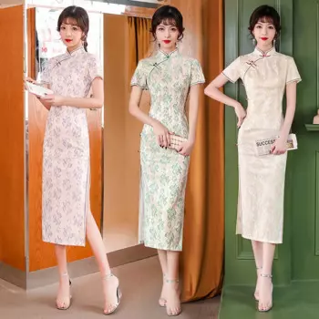 Женское кружевное платье-Ципао с вышивкой и коротким рукавом