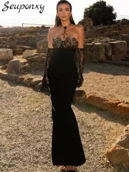 Женское кружевное платье-макси с открытой спиной, без бретелек