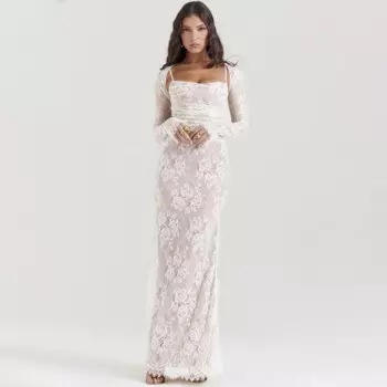 Женское кружевное платье-макси со съемной накидкой