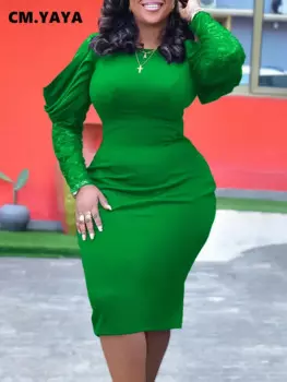 Женское кружевное платье-миди с длинным рукавом, круглым вырезом