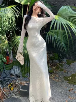 Женское кружевное платье-миди с длинным рукавом и круглым вырезом