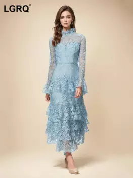 Женское кружевное платье с длинным рукавом, с высокой талией