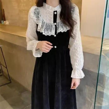 Женское кружевное платье с длинным рукавом, черное/зеленое элегантное винтажное платье миди составного кроя, весна-осень