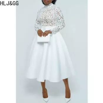 Женское кружевное платье с рюшами HLJ & GG, элегантное ТРАПЕЦИЕВИДНОЕ ПЛАТЬЕ с круглым вырезом и длинным рукавом, 2024