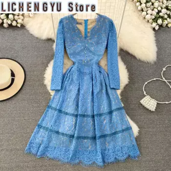 Женское кружевное платье с V-образным вырезом и длинным рукавом