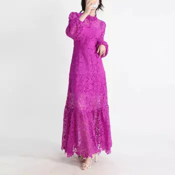 Женское кружевное платье с вышивкой, элегантное однотонное ажурное платье макси с воротником-стойкой и длинным рукавом, винтажное платье с высокой талией