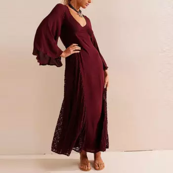 Женское кружевное платье с вышивкой и V-образным вырезом