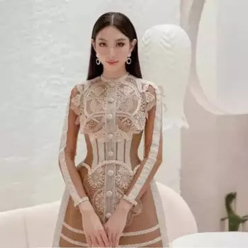 Женское кружевное платье в стиле пэчворк, винтажное Сетчатое элегантное платье с длинным рукавом, w1060