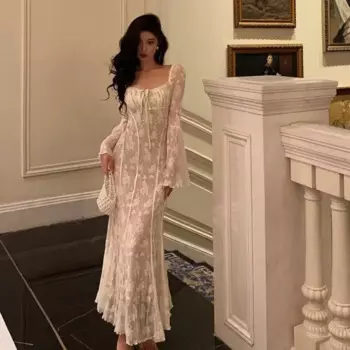 Женское кружевное платье в стиле ретро, праздничная одежда с рукавами-колокольчиками, облегающее длинное элегантное и красивое женское платье из искусственной кожи.