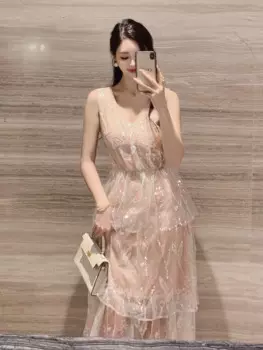 Женское кружевное вечернее платье миди без рукавов с вышивкой и блестками