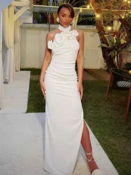 Женское летнее длинное платье с открытой спиной и высоким разрезом