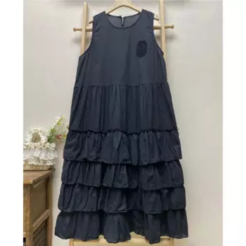 Женское летнее хлопковое многоярусное длинное платье миди с рюшами, 2024, винтажное элегантное черное платье-туника без рукавов в стиле рококо