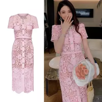 Женское летнее кружевное платье с круглым вырезом и коротким рукавом