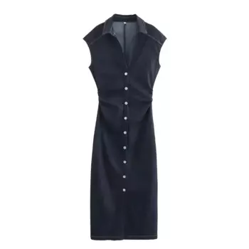 Женское летнее новое модное плиссированное платье облегающего кроя в стиле рубашки, джинсовое платье миди в стиле ретро, женское платье без рукавов на пуговицах