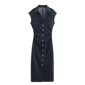 Женское летнее новое модное плиссированное платье облегающего кроя в стиле рубашки, джинсовое платье миди в стиле ретро, женское платье без рукавов на пуговицах