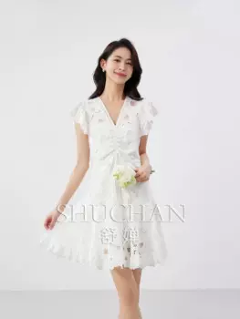 Женское летнее платье из 2024 хлопка, белое кружевное летнее платье с вышивкой и летним рукавом