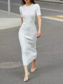 Женское летнее платье средней длины, однотонное трикотажное платье с коротким рукавом и круглым вырезом