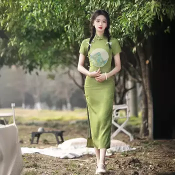 Женское летнее жаккардовое атласное платье-Ципао с коротким рукавом