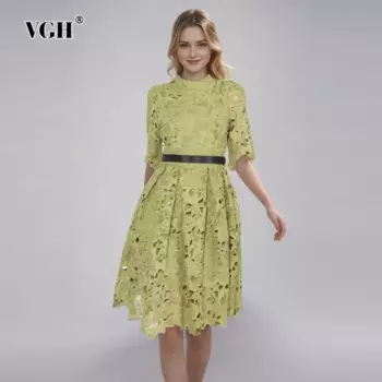 Женское лоскутное платье с вышивкой VGH, однотонное элегантное платье с воротником-стойкой, коротким рукавом, высокой талией и поясом, модное платье
