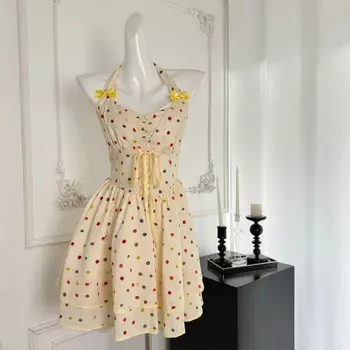 Женское милое платье 2024, летние модные тонкие платья в Корейском стиле с лямкой на шее и высокой талией, нежное платье без рукавов Y2k