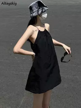 Женское мини-платье без рукавов, черное однотонное Привлекательное платье-рубашка в Корейском стиле, Y2k