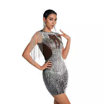 Женское мини-платье с бахромой и кристаллами