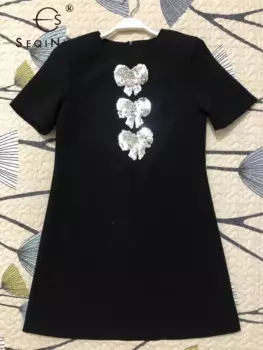 Женское мини-платье с бантом и блестками SEQINYY, черное модельное офисное платье с коротким рукавом, весна-лето