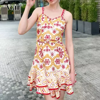 Женское мини-платье с вышивкой VGH, облегающее платье без рукавов с квадратным вырезом, высокой талией и оборками на подоле, с поясом в стиле пэчворк