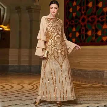 Женское многослойное платье с вышивкой Lotus Leaf Sleeve Caftan Y2K Gold