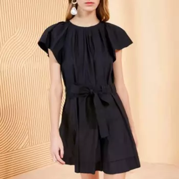 Женское модное мини-платье с коротким рукавом и поясом