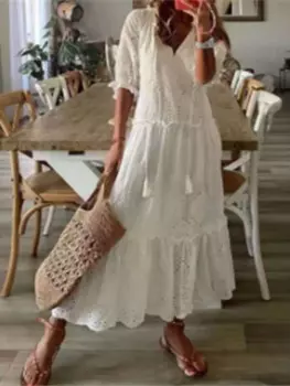 Женское новое повседневное и милое длинное платье с v-образным вырезом, летняя мода, элегантное свободное женское пляжное платье с коротким рукавом, халат Femme