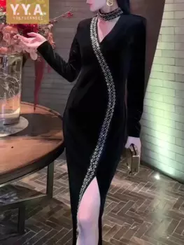 Женское облегающее модное черное бархатное платье с V-образным вырезом, сексуальные длинные платья с разрезом, женское элегантное офисное платье с длинным рукавом, вечернее платье