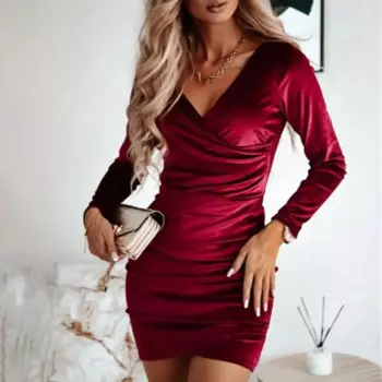Женское облегающее платье-футляр с V-образным вырезом и длинным рукавом, плиссированное облегающее платье-пуловер с высокой талией, женское осенне-зимнее мини-платье