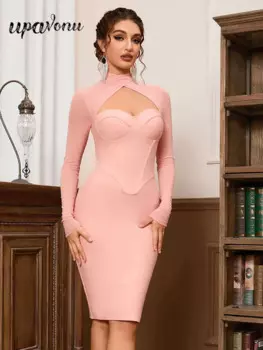 Женское облегающее платье миди с длинным рукавом и круглым вырезом